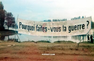 French banner poster put on the German side of the border Westwall. Why are you making war ? Germany 1939