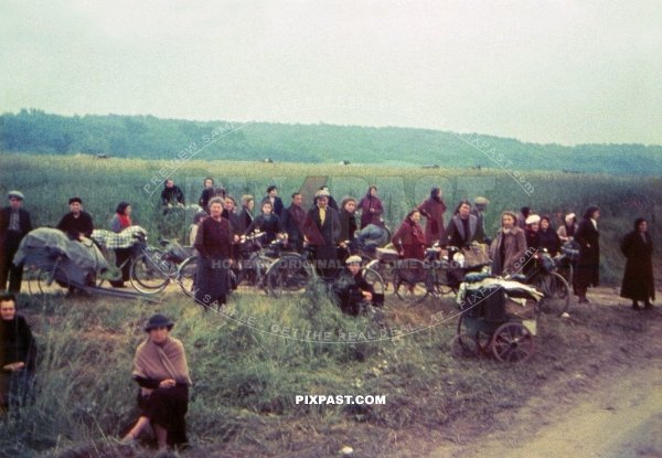 French civilian refugees transporting their last possessions by horse cart out of heavily bombed Verdun France July 1940