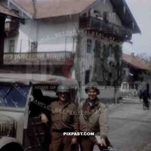GIs of the 101st Cavalry Regiment in Ruhpolding Bavaria 1945 with captured sand camo Stoewer Typ 40