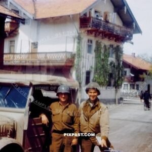 GIs of the 101st Cavalry Regiment in Ruhpolding Bavaria 1945 with captured sand camo Stoewer Typ 40