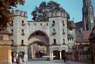 Gatehouse / Landtor in the Bavarian town of Landshut 1940. Theaterstrasse. Catholic church Munster Sankt Martin