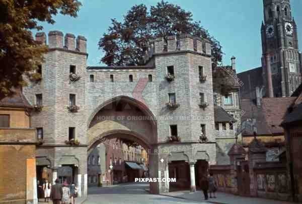 Gatehouse / Landtor in the Bavarian town of Landshut 1940. Theaterstrasse. Catholic church Munster Sankt Martin