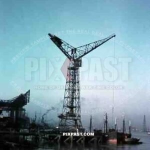 German Cargo Ship in Bordeaux Harbour France 1940. Large Crane and Industry.