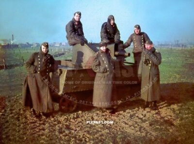 German FLAK soldiers near Paris France 1940 inspecting destroyed captured belgian T13 Tank panzer