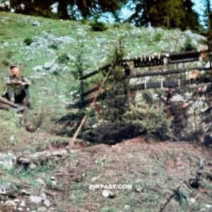 German Gebirgsjager resting beside central radio telephone FUNKER station hidden between the trees 1940