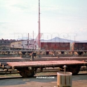 German Luftwaffe Junker JU Transport plane and Heinkel bomber wings on train freight cars in Magdeburg Germany 1945