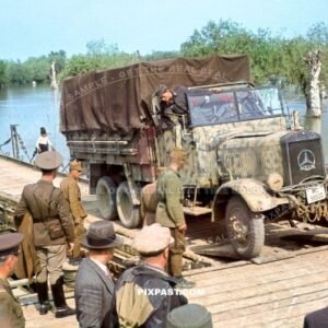 German Luftwaffe Mercedes-Benz Typ LG3000 heavy truck in late war camo on Romanian pontton bridge. Krimea April 1944