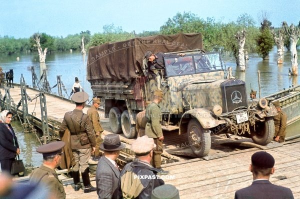 German Luftwaffe Mercedes-Benz Typ LG3000 heavy truck in late war camo on Romanian pontton bridge. Krimea April 1944