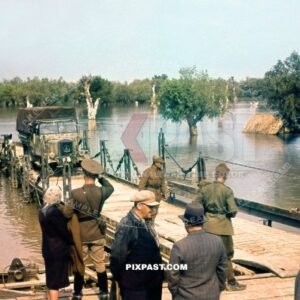 German Luftwaffe Mercedes-Benz Typ LG3000 heavy truck in late war camo on Romanian pontton bridge. Krimea April 1944