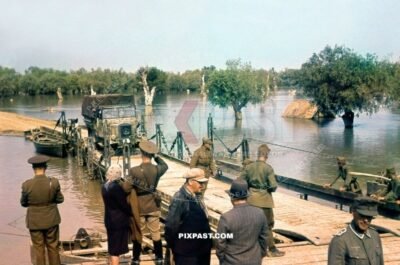 German Luftwaffe Mercedes-Benz Typ LG3000 heavy truck in late war camo on Romanian pontton bridge. Krimea April 1944