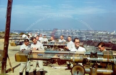 German Luftwaffe anti aircraft Flak observers using special optic equipment on the french German border. Germany 1940