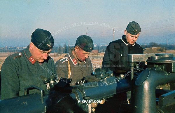 German Luftwaffe anti aircraft Flak observers using special optic equipment on the french German border. Germany 1940