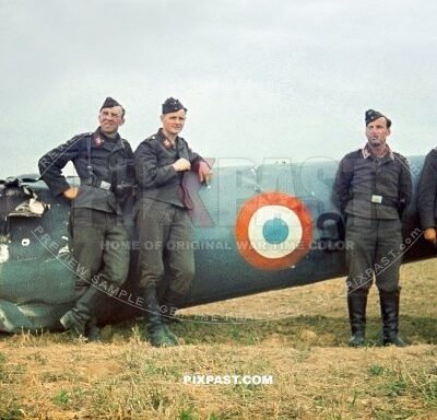 German Luftwaffe troops inspect the rear section of a French Bloch MB-174 French Reconnaissance bomber plane. 1940