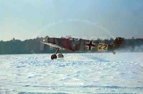 German Messerschmitt Bf 109 Fighter aircraft D model trainer on the Russia Front winter 1941.