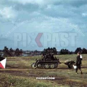 German NSU Kettenkrad half track motorbike of the 19th Panzer Division. Radio cable version with trolley. Russia 1942.