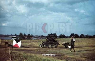 German NSU Kettenkrad half track motorbike of the 19th Panzer Division. Radio cable version with trolley. Russia 1942.