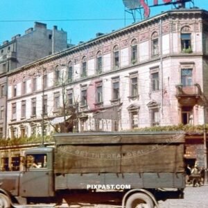 German Opel Blitz 1936 army truck with canvas cover in middle of Warsaw Poland 1939 after invasion