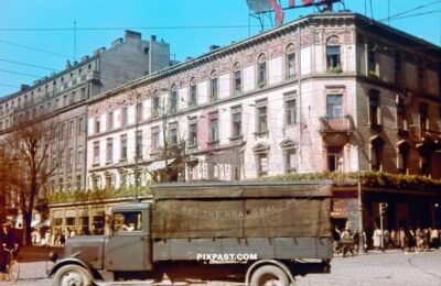 German Opel Blitz 1936 army truck with canvas cover in middle of Warsaw Poland 1939 after invasion