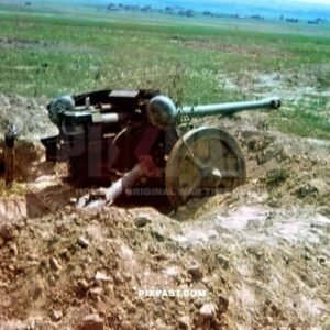 German PAK 40 artillery unit destroyed by Russian army. Used as war grave of German soldiers. Ukraine 1942.