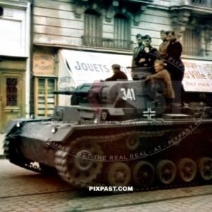 German Panzer 3 Tank No. 341 entering the bombed city of Loreans France 20.6.1940 France.