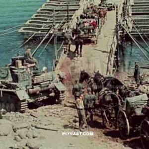 German Panzer 4 beside pontoon bridge. 19th Panzer Division. Russia 1942.