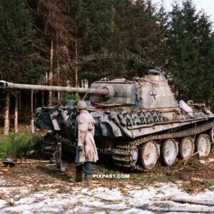 German Panzer Panther Ausf.G abandoned during the offensive of the Ardennes. Battle of the Bulge 1944.