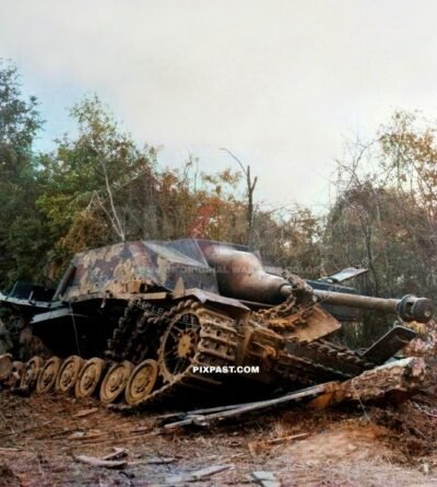 German Panzer StuG IV destroyed on Marigny-Montrevil road in Normandy 1944