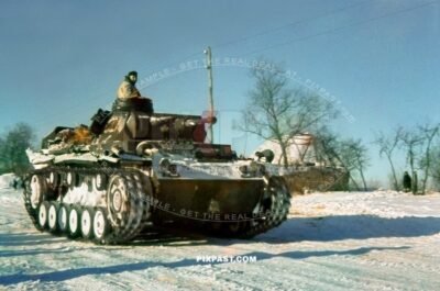 German Panzer Tank Model 3 with short barrel cannon in winter snow camouflage. 3Rd Panzer Division. Russia winter 1942