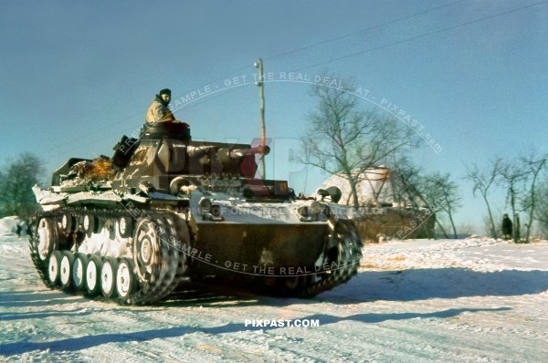 German Panzer Tank Model 3 with short barrel cannon in winter snow camouflage. 3Rd Panzer Division. Russia winter 1942