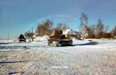 German Panzer Tank Model 3 with short barrel cannon in winter snow camouflage. 3Rd Panzer Division. Russia winter 1942