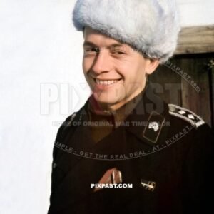 German Panzer commander officer in Russian winter fur hat. wearing iron cross and ribbons. 3rd Panzer Division. Kotelnikovo