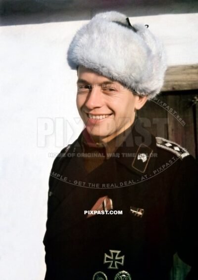 German Panzer commander officer in Russian winter fur hat. wearing iron cross and ribbons. 3rd Panzer Division. Kotelnikovo