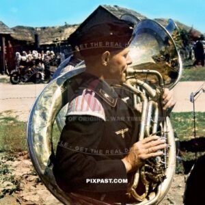 German Panzer tank Music band playing the Tuba for local Russian farmers. 3RD Panzer Division. Russia 1942