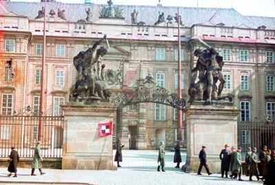 German Soldiers guarding Giants Gate Prague Castle after the Nazi occupation of Czechoslovakia in March 1939