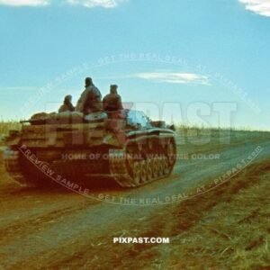 German Stug Panzer 3 tank driving in the evening. 97. Jager Division July 1942 Rostow Russia