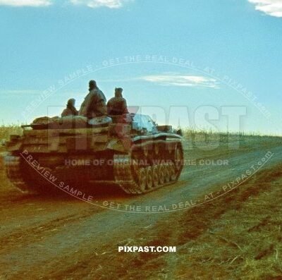German Stug Panzer 3 tank driving in the evening. 97. Jager Division July 1942 Rostow Russia
