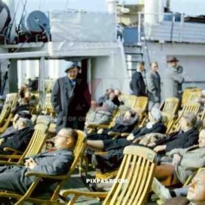 German Tourists laying in the sun on board a German KDF Cruise liner in the Norwegian Fjords. 1937