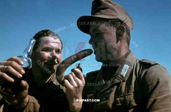 German War Photographer Fritz Moosmueller eats german sausage in Tunisia 1942. 90th Light Infantry Division.