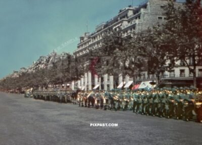 German Wehrmacht army music band doing victory march every day on die Champs Elysees road Paris France 1940