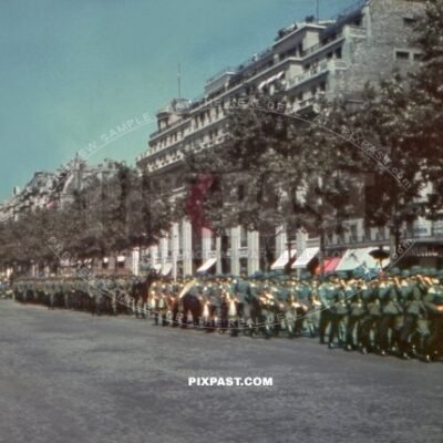 German Wehrmacht army music band doing victory march every day on die Champs Elysees road Paris France 1940