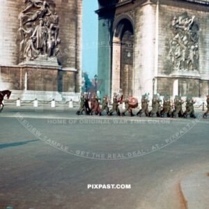 German Wehrmacht army music band marching in parade through Paris France. Arc de Triomphe. France 1940