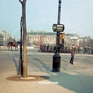 German Wehrmacht army music band marching in parade through Paris France. Arc de Triomphe. France 1940
