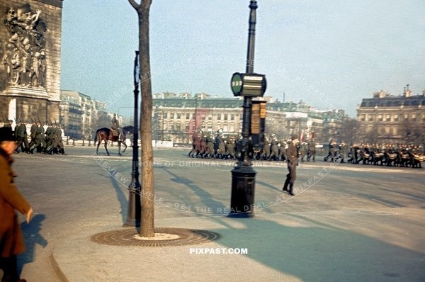 German Wehrmacht army music band marching in parade through Paris France. Arc de Triomphe. France 1940