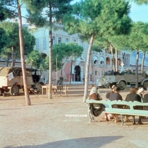 German Wehrmacht tropical camo Funker radio trucks parked in front of Princes Palace of Monaco. 1943