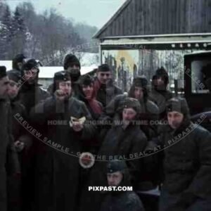 German ambulance red cross Wehrmacht unit farm snow Norway winter 1942 group traffic sign truck lorry cold winter jacket