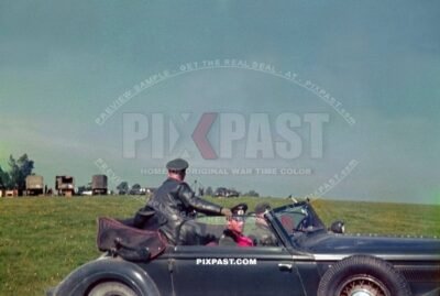 German army General Erich Fellgiebel in staff car Horch passing make shift Luftwaffe flugplatz landing strip France 1940
