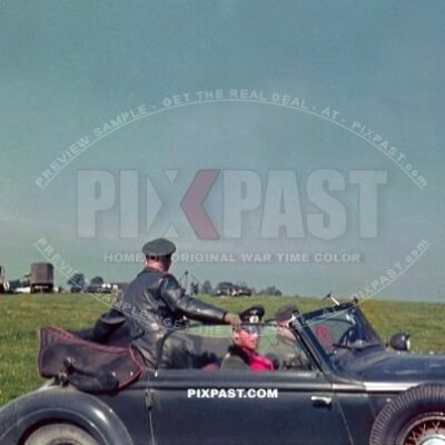 German army General Erich Fellgiebel in staff car Horch passing make shift Luftwaffe flugplatz landing strip France 1940