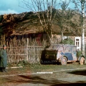 German army Stoewer Typ 40 Kfz.1 Jeep parked outside of Smolensk Russia September 1941