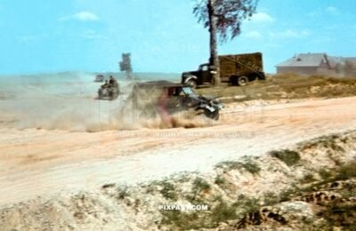 German army Volkswagen Kubelwagen jeep with yellow symbol of the 3RD Panzer Division. Bend on Don. Russia summer 1941