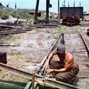 German army engineers repairing destroyed train tracks near Kharkov Ukraine 1942. 177. Division Kraftfahr Ersatz Battalion